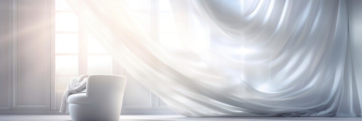 Light-filled room concept, using white and silver satin texture for an uplifting atmosphere.
