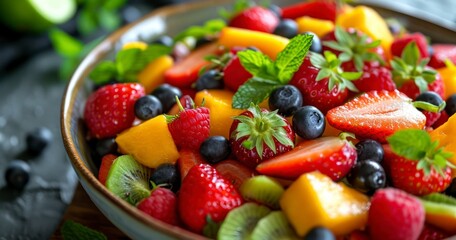 A Delicious Assortment of Fresh Fruits and Strawberries in a Salad, for a Nutritious Breakfast or Dessert