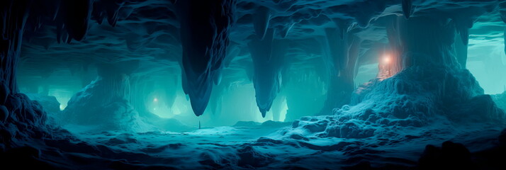 mystical landscape within luminescent caves, where glowing crystals and stalactites illuminate the underground world.