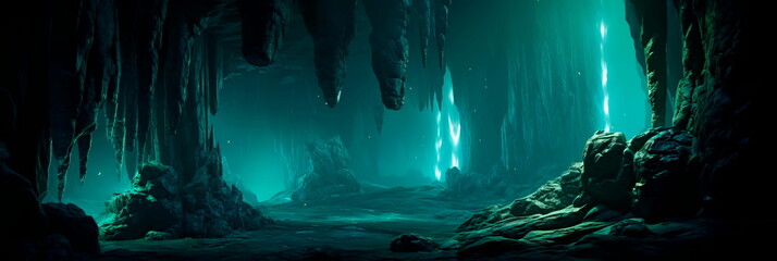 mystical landscape within luminescent caves, where glowing crystals and stalactites illuminate the underground world. - obrazy, fototapety, plakaty