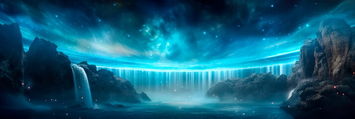 waterfall cascading into a pool of liquid stardust, where the water shimmers with cosmic energy.