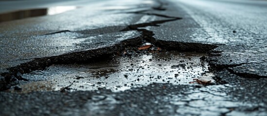Repairing Cracks on Asphalt Road After a Severe Storm Leaves Asphalt Road Damaged - obrazy, fototapety, plakaty