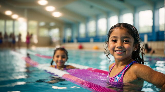 Diverse young children enjoying swimming lessons in the pool having a fun time while learning with their friends