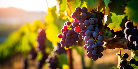 ripe grapes on the vine, bathed in sunlight, with the backdrop of a lush vineyard stretching into...