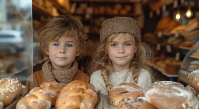 Two young friends capture a moment of sweetness in a bustling bakery, their faces beaming with joy as they proudly hold up their freshly baked donuts