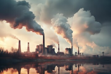 Energy. Smoke from chimney of power plant or station. Industrial landscape. Autumnal foggy day - obrazy, fototapety, plakaty