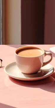 Photo-realistic image of a vertical cup of coffee with milk with pink tones.