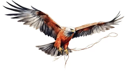 Tuinposter Red kite with ribbons and rope flying high in the air isolated on white background. Watercolor hand drawn illustration sketch © Ziyan