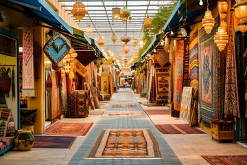 Colorful traditional market bazaar lined with vibrant handmade carpets, rugs, and exotic lanterns.