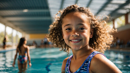 Diverse young children enjoying swimming lessons in the pool having a fun time while learning with their friends - obrazy, fototapety, plakaty