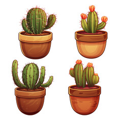 Illustration of cactuses in pots isolated on transparent background