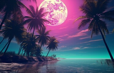 Fototapeta na wymiar Tropical Beach Night with Radiant Purple Moon