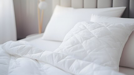 Fototapeta na wymiar synthetic blanket and pillow on a white sheet. Selective focus
