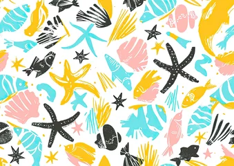 Crédence de cuisine en verre imprimé Vie marine Doodle pattern of seashells, starfish and marine objects, summer sea postcard