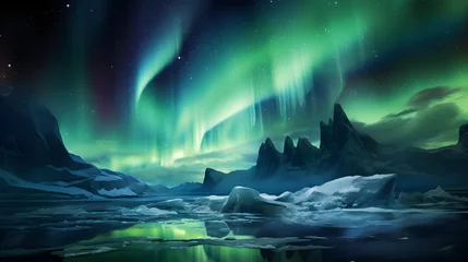 Photo sur Plexiglas Aurores boréales the aurora lights shine brightly in the night sky over an ice floese and icebergs in the ocean.