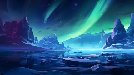 Deurstickers the aurora lights shine brightly in the night sky over an ice floese and icebergs in the ocean. © Ziyan