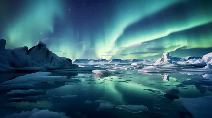 Papier Peint photo Lavable Aurores boréales the aurora lights shine brightly in the night sky over an ice floese and icebergs in the ocean.