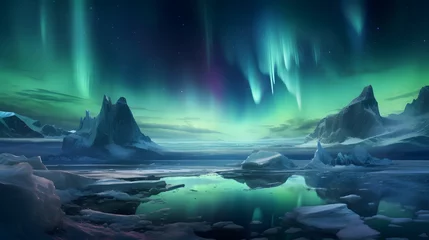 Papier Peint photo autocollant Aurores boréales the aurora lights shine brightly in the night sky over an ice floese and icebergs in the ocean.