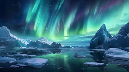 Cercles muraux Aurores boréales the aurora lights shine brightly in the night sky over an ice floese and icebergs in the ocean.