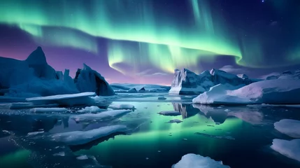 Fotobehang the aurora lights shine brightly in the night sky over an ice floese and icebergs in the ocean. © Ziyan
