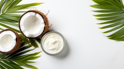 Obraz na płótnie Canvas Coconut cream with natural Extract for skin and hands with palm leaves on white background. Coconut Cosmetic cream lotion. Copy space. Horizontal banner.