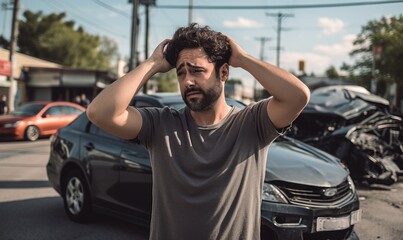 Fototapeta premium Sad man after a car accident holding his head. Car accident on the street, damaged car on background