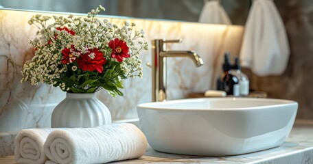 Graceful Interiors - Captivating Marble Countertop and Floral Arrangement in a Chic Bathroom