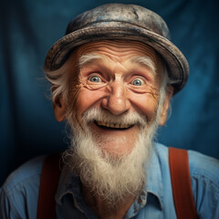 Smiling old man with a beard and a hat. happy and healthy old age concept - 721396427