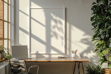 Minimalist Office Mockup Frame on Wall,Clean Workspace Mockup in Modern Office