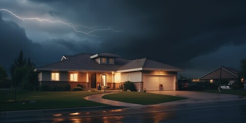 minimalistic design Lighting storm over a suburban house