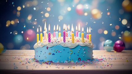A celebration birthday cake decorated with colorful sugar sprinkles, buttercream frosting and munticolored birthday candles. Birthday cake on empty blue floor and wall, light bokeh background - obrazy, fototapety, plakaty