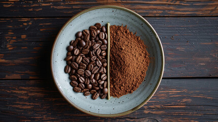 Obraz na płótnie Canvas Coffee plate: Half filled with beans, half with finely ground powder, against a dark wooden backdrop, creating a visually captivating composition.
