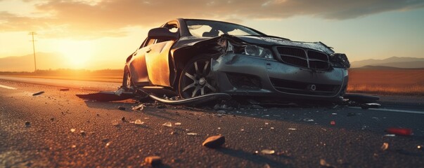 Damaged car on the road after car accident - obrazy, fototapety, plakaty
