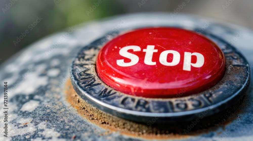 Poster closeup of a red stop button on a rustic metal surface