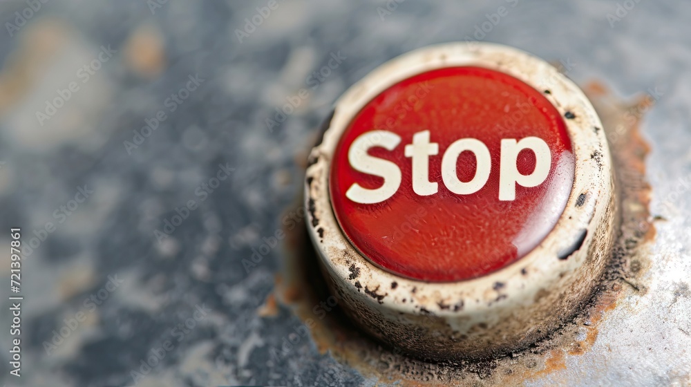 Poster close-up of a red button with the word stop in it