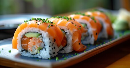 A Delicious Array of Fresh Sushi, Combining Salmon, Avocado, and Seaweed on Gourmet Rice