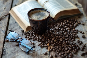 cup of coffee and book on a wooden table