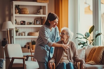 Caregiver assist the senior woman at the house,Elderly Wellness: In-Home Assistance with Caring Touch - obrazy, fototapety, plakaty