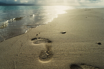 Fototapeta na wymiar Fresh footprint in white sand pointing towards ocean waves in golden light