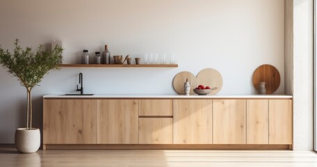 Contemporary Chic - A Stylish Home Kitchen Boasting Minimalist Cabinets and Elegant Hanging Shelving