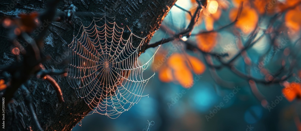 Poster an intricate spider web hanging from a majestic tree: captivating artistry of an intricate spider we
