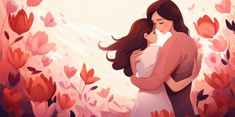 Mother's day - illustration of mom and daughter hugging each other with copy space for text