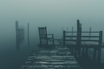 Fototapeta premium A misty wooden dock leads into an obscured lake, creating a serene and contemplative scene.