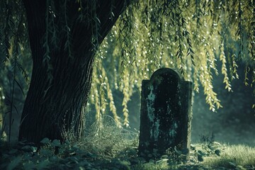 An ancient tombstone in a weeping willow's shade, evoking a sense of history, memory, and the passage of time.

