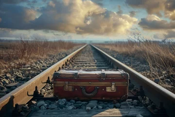 Foto op Canvas A vintage suitcase on a railway track evokes stories of travel, nostalgia, and journeys both physical and metaphorical.   © Kishore Newton