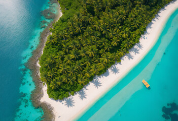 An aerial view of a small island in the middle of the ocean, aerial shot, bird's eye view, tropical island