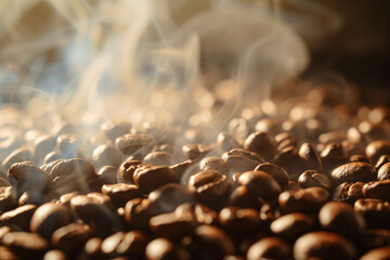 Close-up of steaming coffee beans with sunlight highlighting their texture