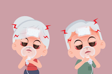 Elderly symptoms of sick. Cartoon old people with fever, snot, cough and sore throat. Influenza or cold vector infographic. Illustration of symptoms old, flu or infection illness.