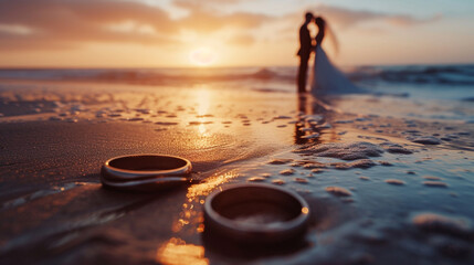 bride and groom in a white suit on a beach. sunset