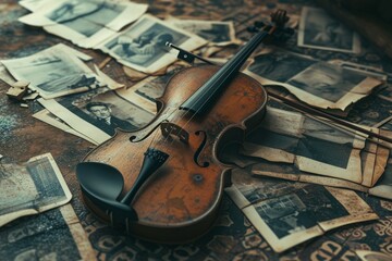 An aged violin amid scattered old photos and letters, an evocative scene of nostalgia and memories. - obrazy, fototapety, plakaty